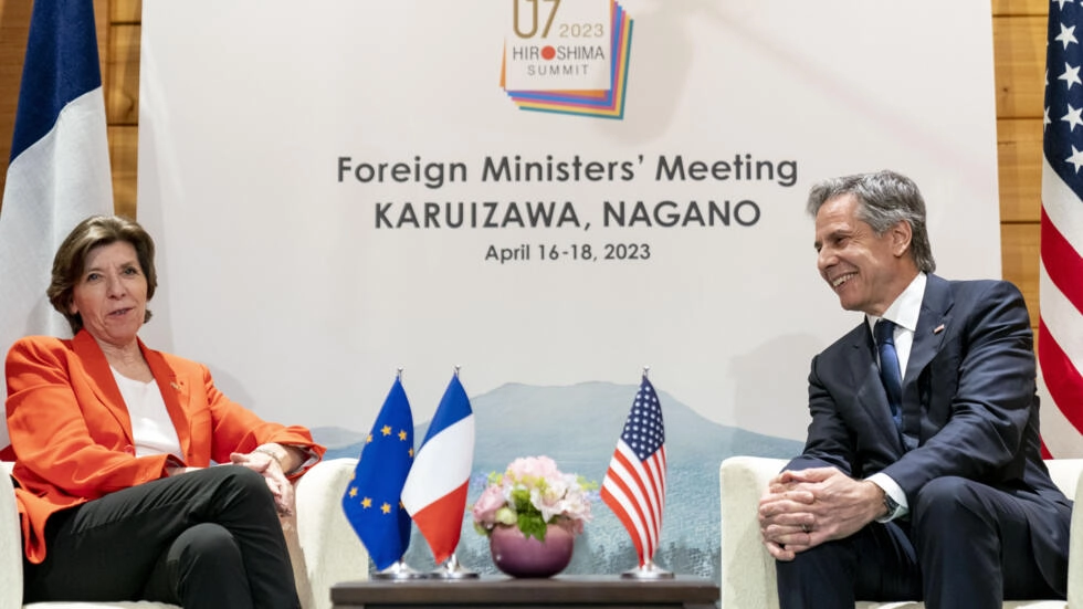 G7外相会議でのフランスのカトリーヌ・コロンナ外相とアントニー・ブリンケン米国務長官。AP - アンドリュー・ハーニック