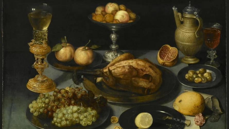 ピーター・ビノワによる「テーブルの上の食べ物、果物、ガラス」は、1600年から1625年の間に描かれた。この絵は1944年に占領下のパリのユダヤ人所有者から盗まれ、現在はルーヴル美術館に飾られている。© Departement des Peintures, Musée du Louvre